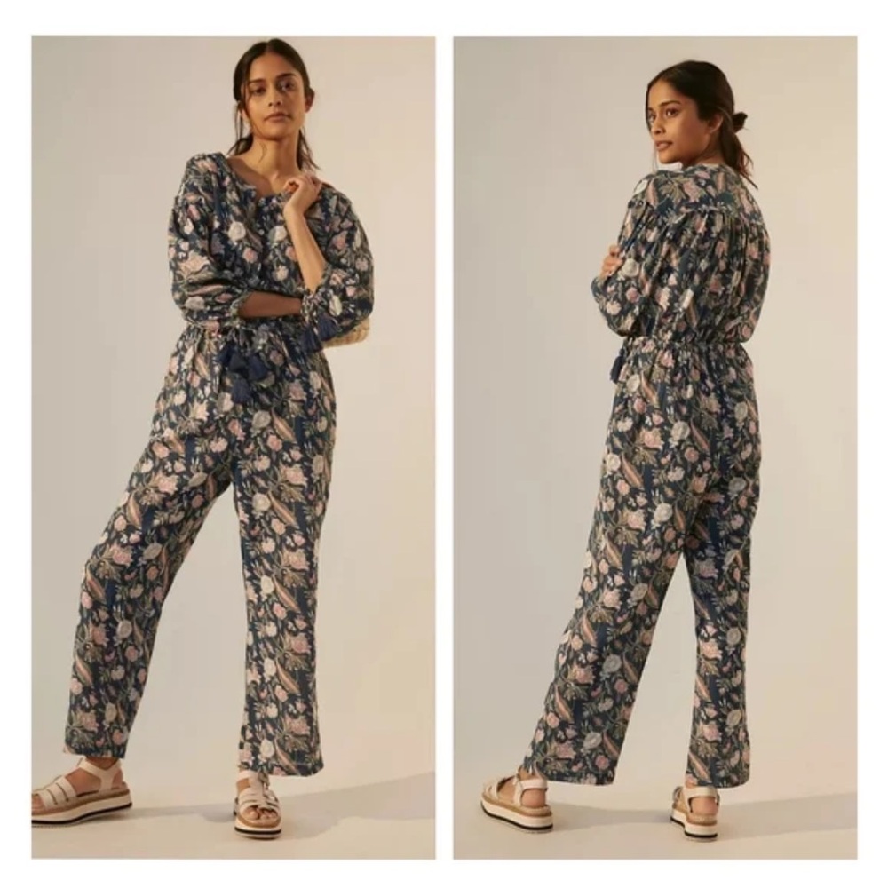 Anthropologie Dra Messie Jumpsuit Blue Floral Tassel Cotton